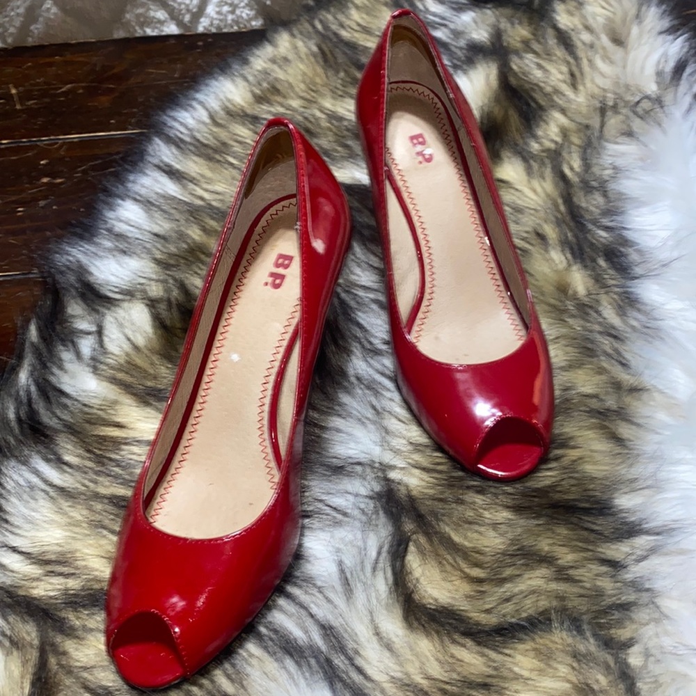 BP. Peekaboo red paten leather heels